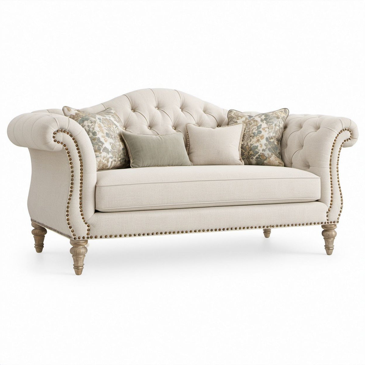 Chesterfield-2-Sitzer-Sofa aus Polyester in Beige mit graubraunen Füßen und bronzefarbenen Ziernägeln, 180 x 90 x 82 cm