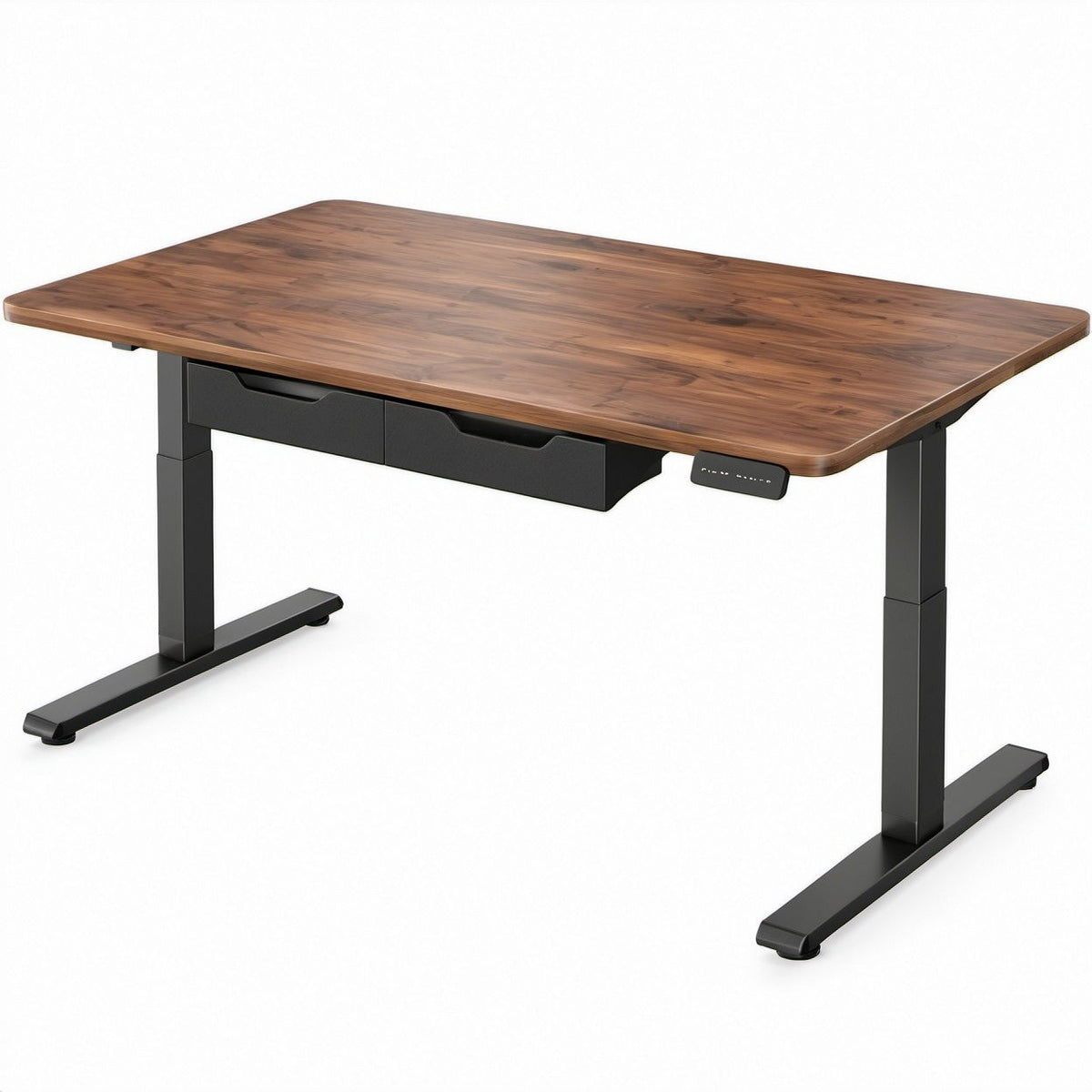 Elektrisch höhenverstellbarer Schreibtisch in Walnuss/Schwarz mit 2 Schubladen, 140 x 70 cm