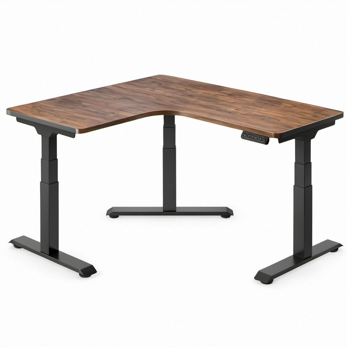 Elektrisch höhenverstellbarer Eckschreibtisch in L-Form, Nussbaum/Schwarz, 160 x 120 x 73–118 cm