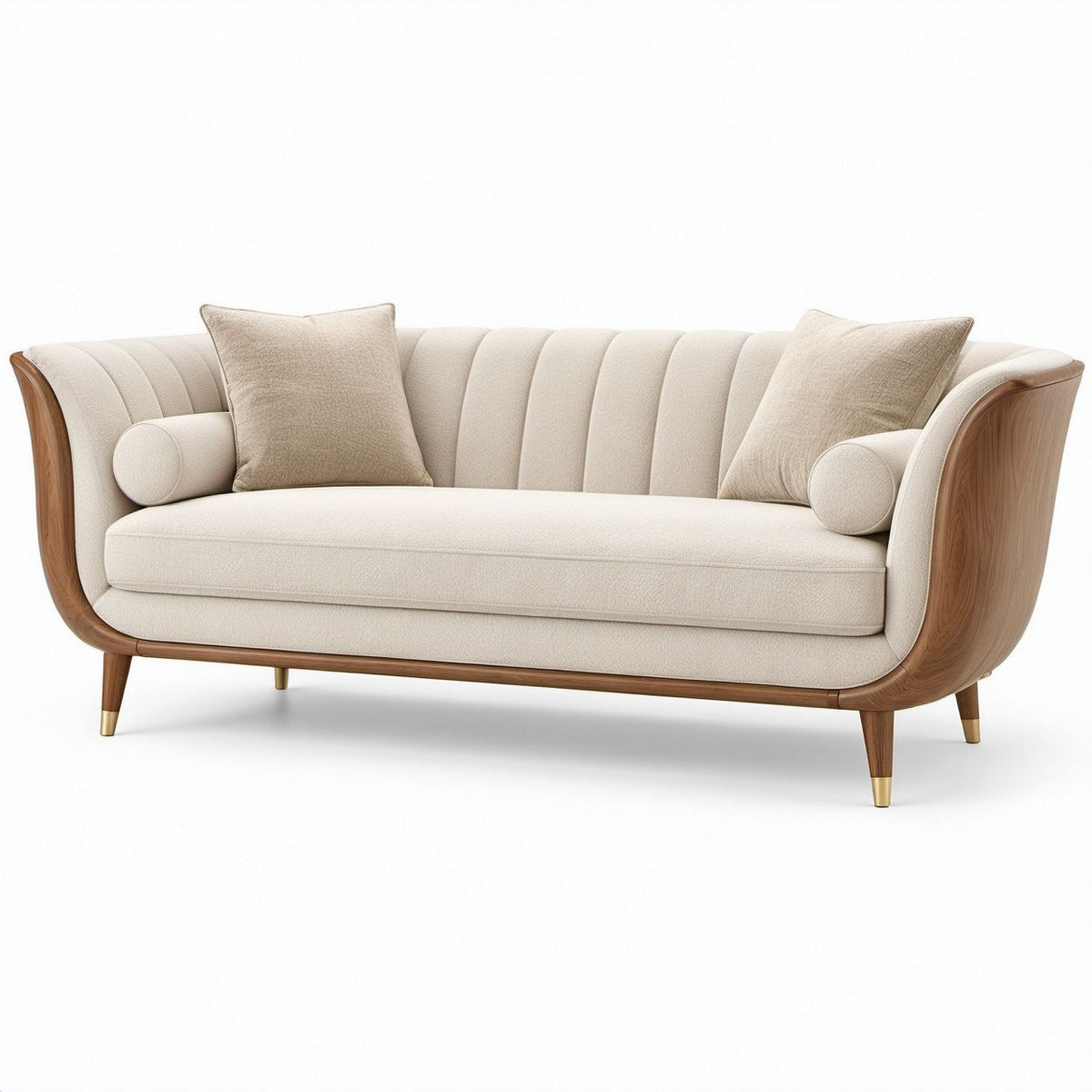 Geschwungenes 2-Sitzer-Sofa in Beige mit walnussbraunem Furnier und goldfarbenen Fußkappen, 180 x 88 x 82 cm