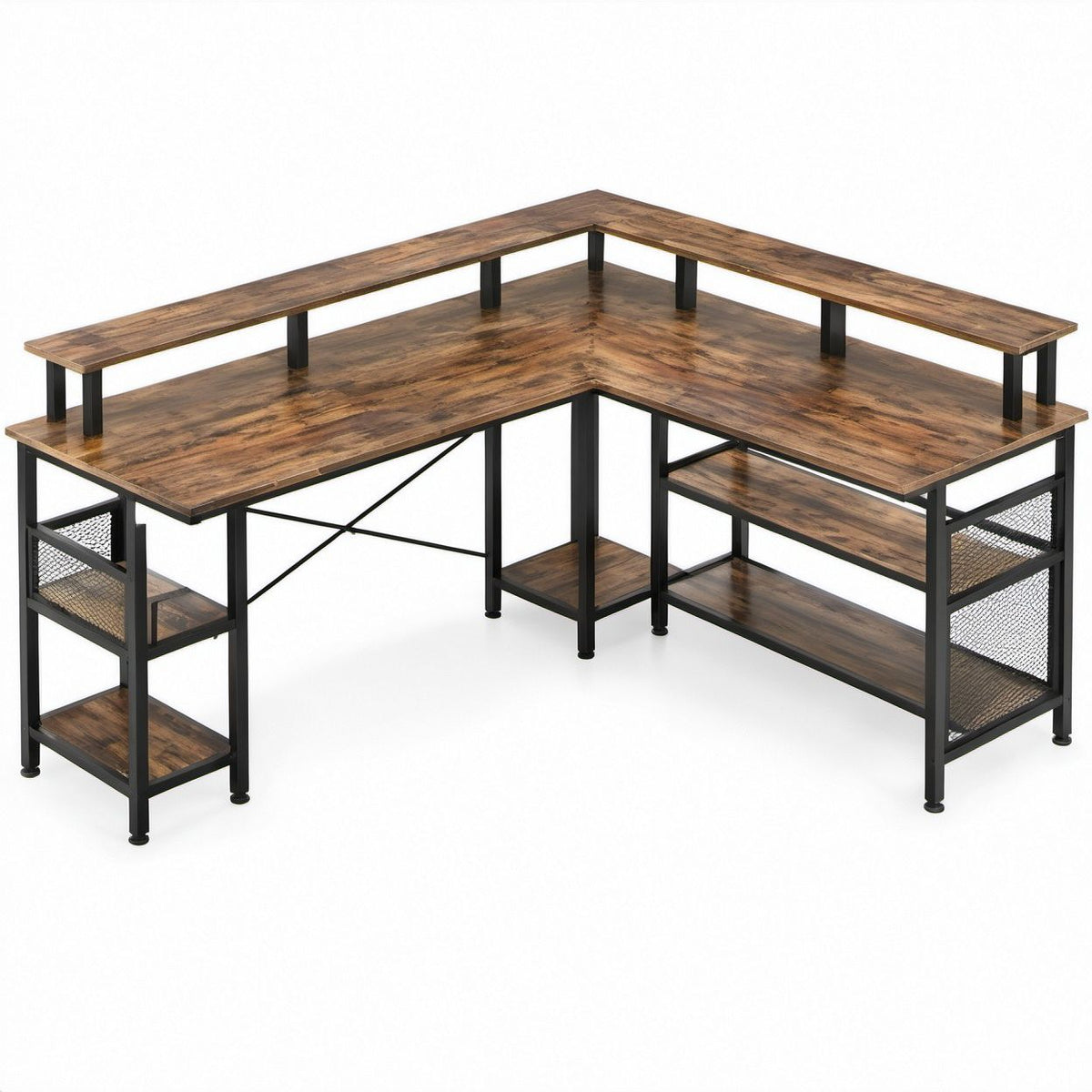 L-förmiger Eckschreibtisch 138 x 138 x 91 cm mit Monitoraufsatz und 4 Ablagen, Dunkelbraun/Schwarz