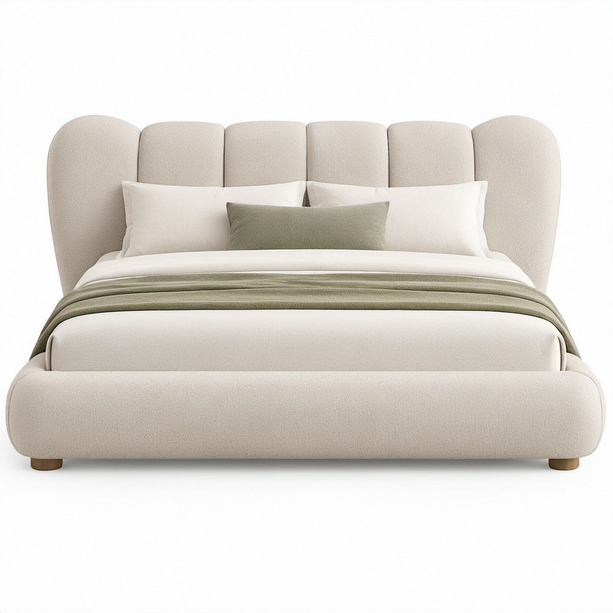 Polster-Doppelbett mit abgerundetem Kopfteil in Creme, 180 x 200 cm