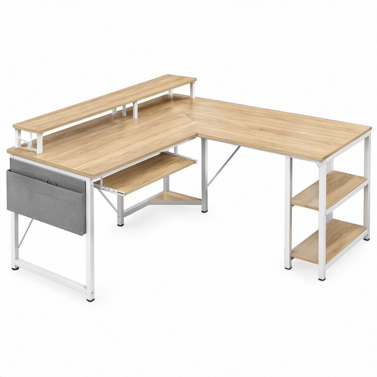 L-förmiger Schreibtisch in heller Eichenoptik, Weiß und Grau mit Monitoraufsatz, Tastaturauszug und Ablagen, 150 x 120 x 88 cm