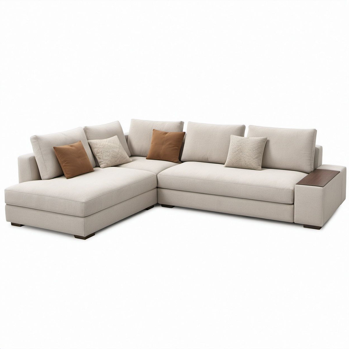 L-förmiges Ecksofa mit linksseitiger Recamiere, Ablagefläche und Polyesterbezug, Beige/Dunkelbraun/Braun, 290 x 165 x 86 cm