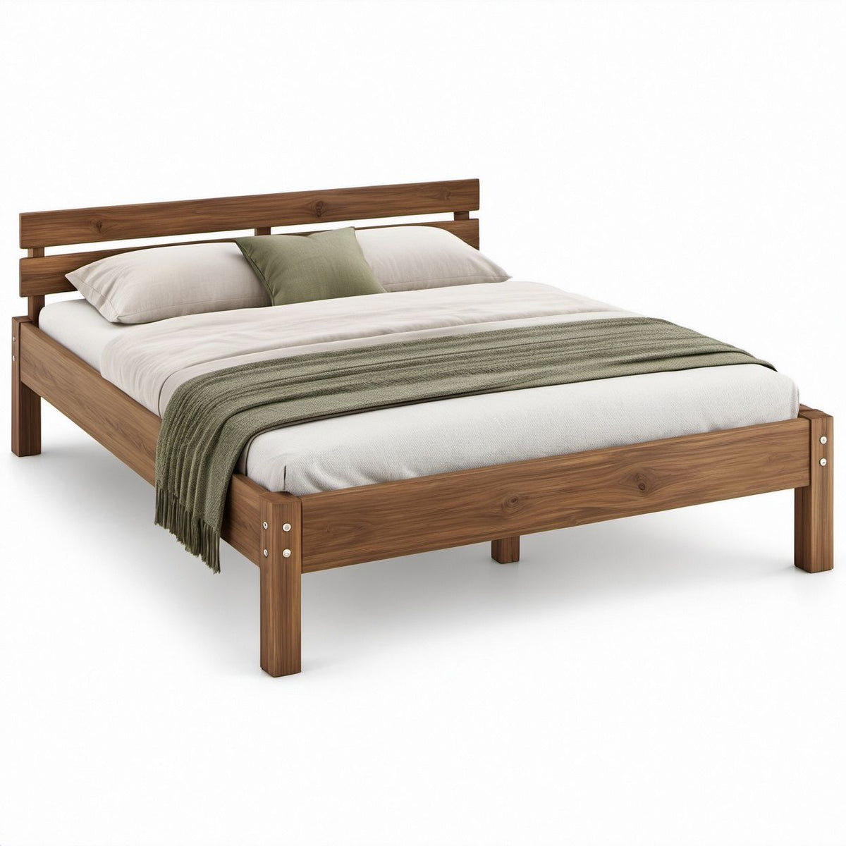 Doppelbett aus massivem Kiefernholz, Nussbraun, 160 x 200 cm