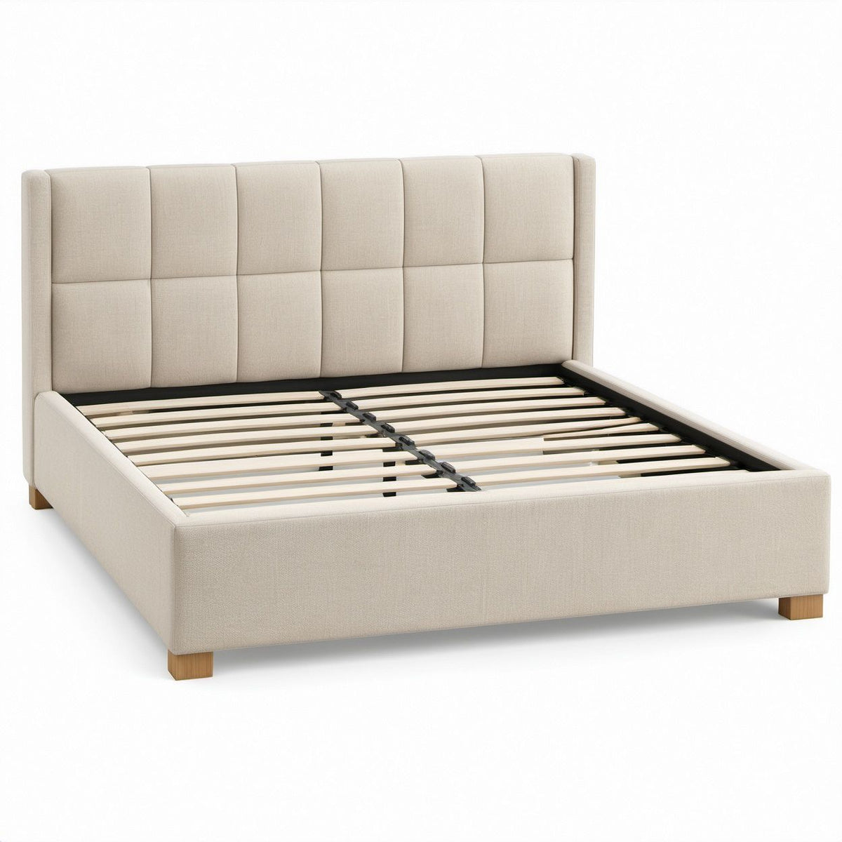 Gepolstertes Doppelbett Beige/Naturholz 160 x 200 cm mit Lattenrost