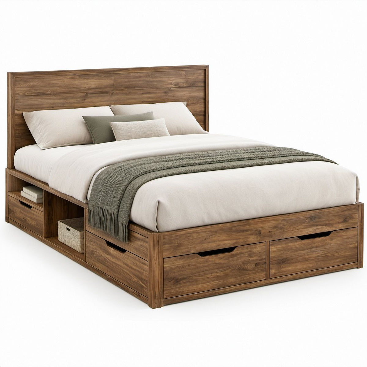 Doppelbett mit Stauraum, 4 Schubladen und Kopfteil in Walnussbraun, 160 x 200 cm
